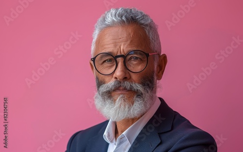 A middle-aged trans man of South Asian descent with a grey beard and round glasses stands confidently in front of a pink background