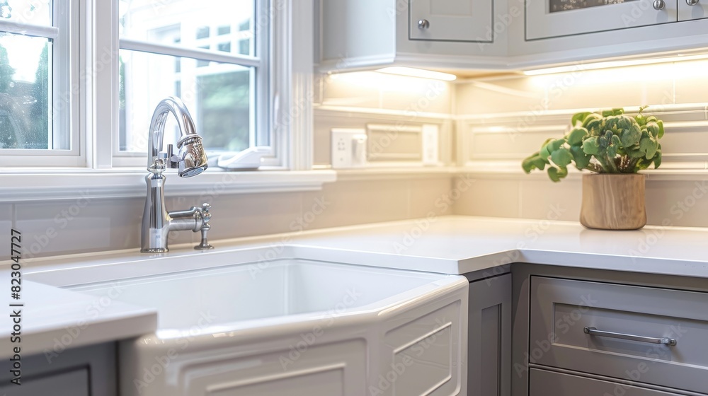 Fototapeta premium Close-up of a space-efficient vintage corner sink in a kitchen, designed to fit in the corner, studio lighting highlighting its classic charm