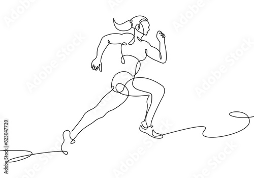 Woman Runner One Line Drawing. Running Abstract Minimal Drawing. Continuous One Line Woman Run Sport Illustration. Modern Trendy Contour Drawing. Vector EPS 10.