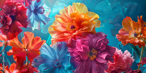 A rich display of blooming flowers with intense color saturation. Flower background.
