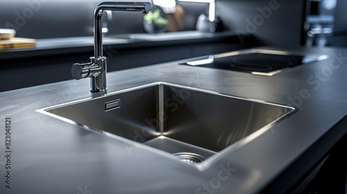 Close-up of a modern undermount sink in a stylish kitchen, isolated background, studio lighting highlighting seamless installation and ease of cleaning