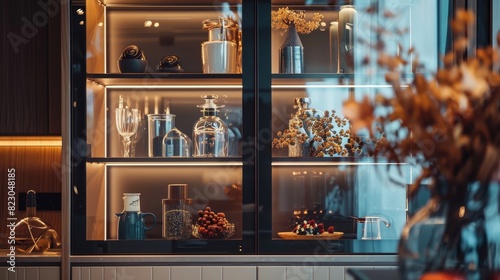 Close-up of a modern luxury cabinet with glass doors, well-arranged selection of items inside, isolated background with studio lighting, elegant and stylish for advertising © Paul