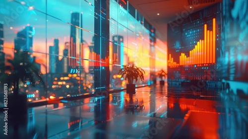 AIpowered financial advisor  holographic charts  vibrant colors  modern office setting  photorealistic 
