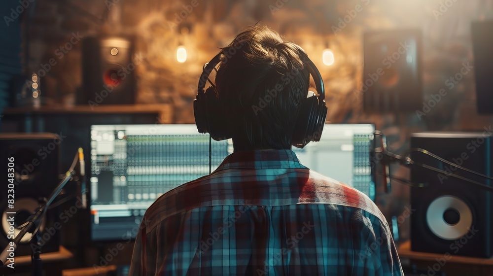 Musician in a Recording Studio: In a soundproof recording studio, a musician records new tracks, focusing on vocal delivery and instrumentals to create a polished sound Musician in a Recording Studio: In a soundproof recording studio, a musician records new tracks, focusing on vocal delivery and instrumentals to create a polished sound