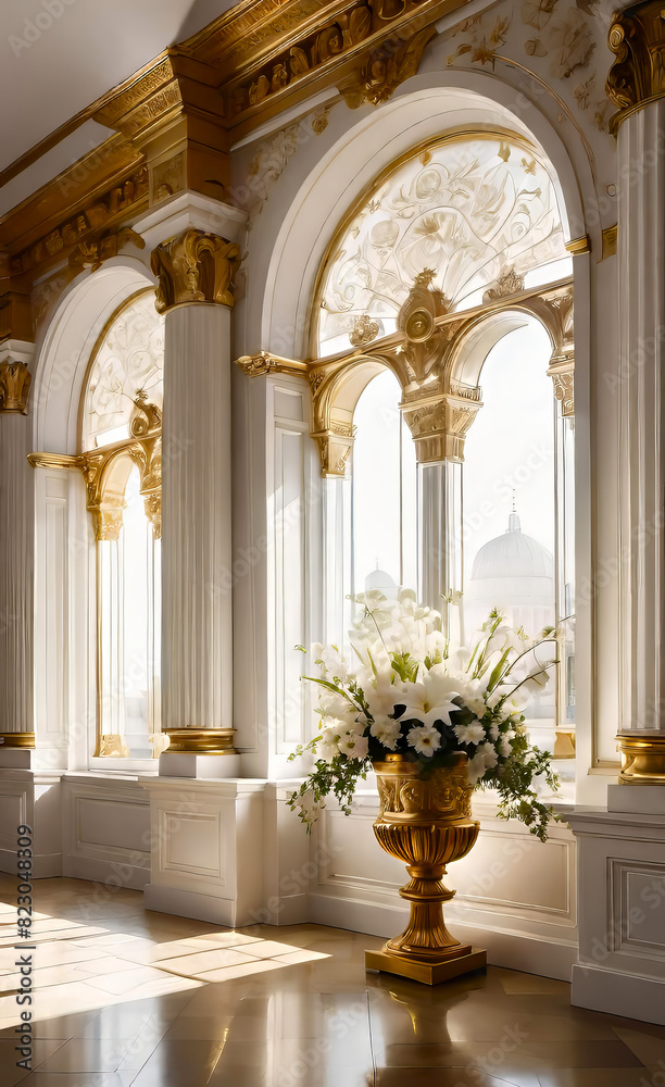 Fototapeta premium The white wall is decorated with golden baroque details and arched doors and windows. Floor to ceiling windows
