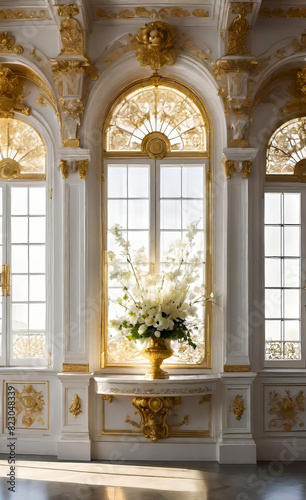 The white wall is decorated with golden baroque details and arched doors and windows. Floor to ceiling windows