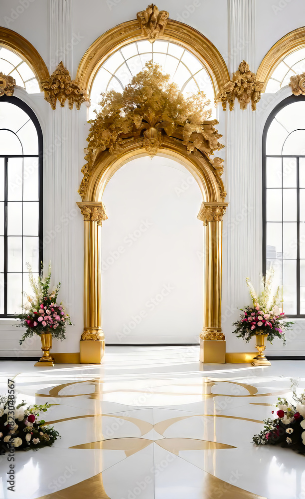The white wall is decorated with golden baroque details and arched doors and windows. Floor to ceiling windows The white wall is decorated with golden baroque details and arched doors and windows. Floor to ceiling windows