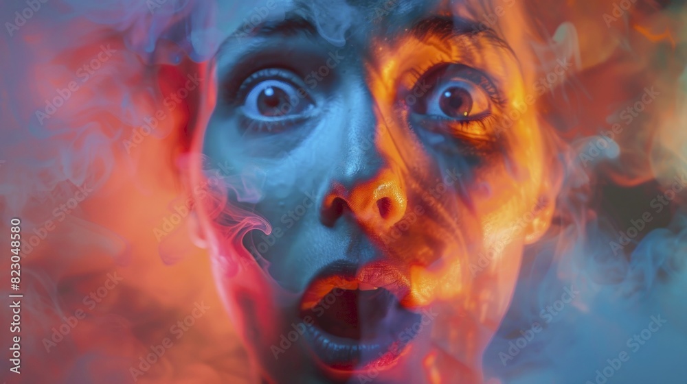 Expression of wow, close up, focus on, copy space, colorful excitement, double exposure silhouette with surprised face Expression of wow, close up, focus on, copy space, colorful excitement, double exposure silhouette with surprised face