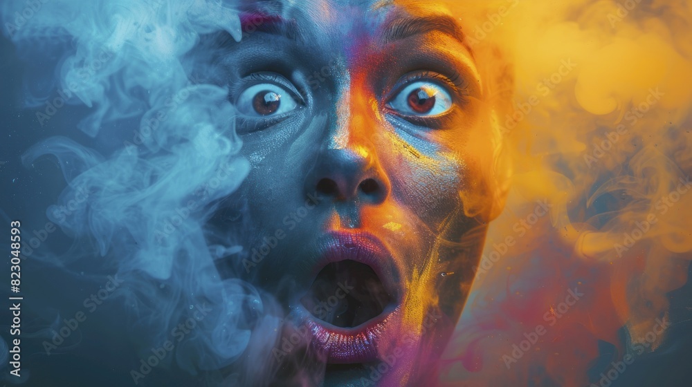 Expression of wow, close up, focus on, copy space, colorful excitement, double exposure silhouette with surprised face Expression of wow, close up, focus on, copy space, colorful excitement, double exposure silhouette with surprised face