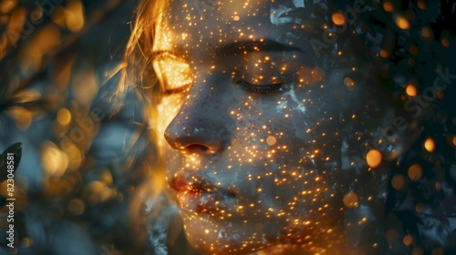 Falling asleep, close up, focus on, copy space, peaceful background, double exposure silhouette with sleeping face