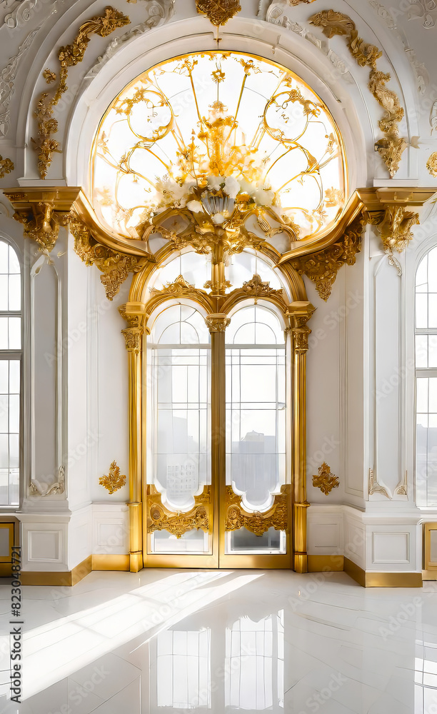 The white wall is decorated with golden baroque details and arched doors and windows. Floor to ceiling windows