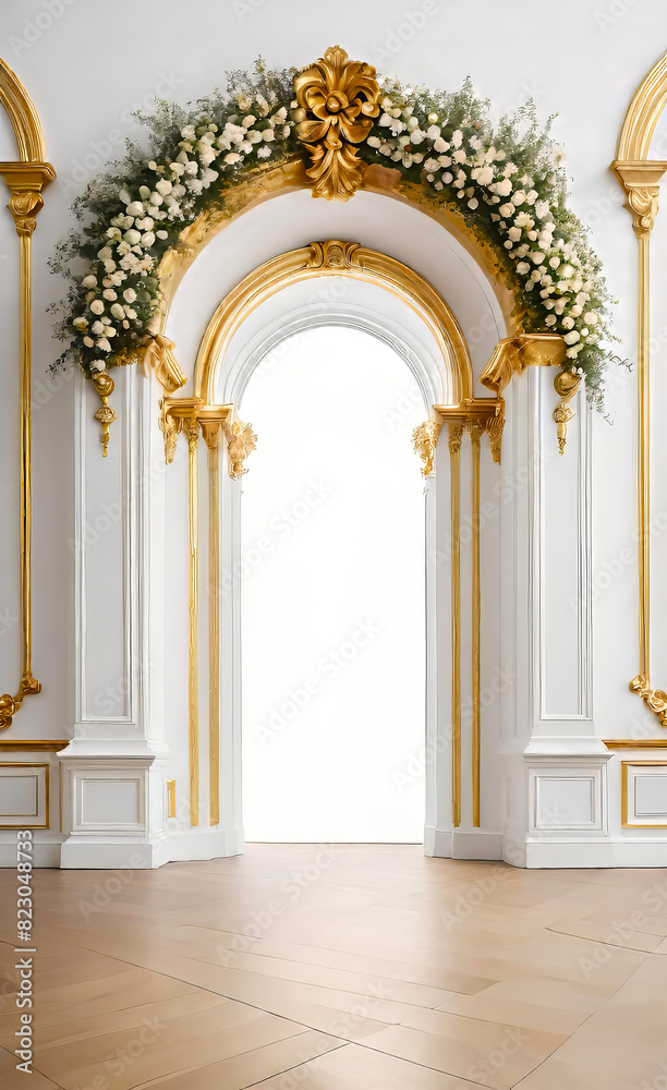 Fototapeta premium The white wall is decorated with golden baroque details and arched doors and windows. Floor to ceiling windows