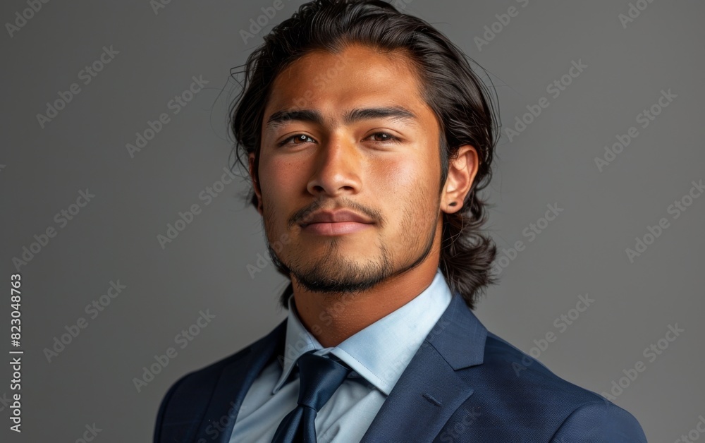 A young adult Native American trans man confidently poses for a picture, wearing a sharp suit and tie A young adult Native American trans man confidently poses for a picture, wearing a sharp suit and tie