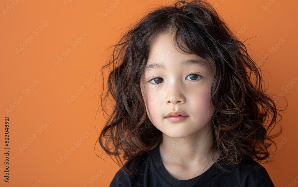 Close up of a young child of Asian descent, with curly hair, looking at the camera Close up of a young child of Asian descent, with curly hair, looking at the camera