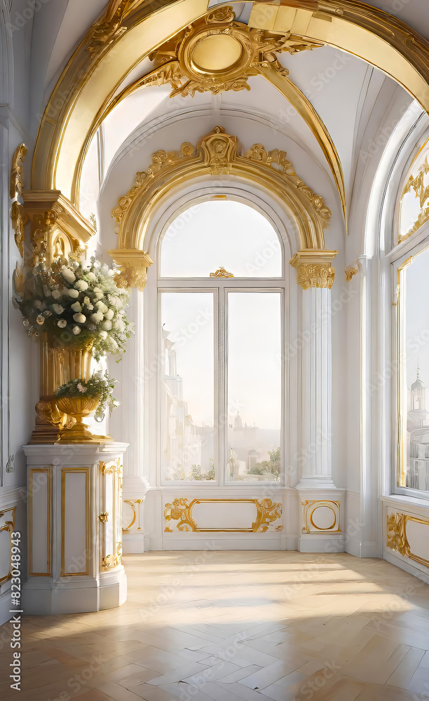 Fototapeta premium The white wall is decorated with golden baroque details and arched doors and windows. Floor to ceiling windows
