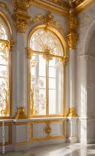 The white wall is decorated with golden baroque details and arched doors and windows. Floor to ceiling windows © Perecciv