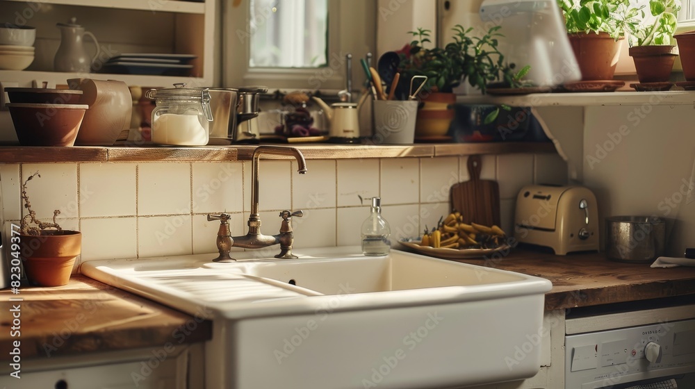 Close-up of a farmhouse sink design in a vintage kitchen, showcasing the large, exposed front panel and deep basin, perfect for a rustic aesthetic Close-up of a farmhouse sink design in a vintage kitchen, showcasing the large, exposed front panel and deep basin, perfect for a rustic aesthetic