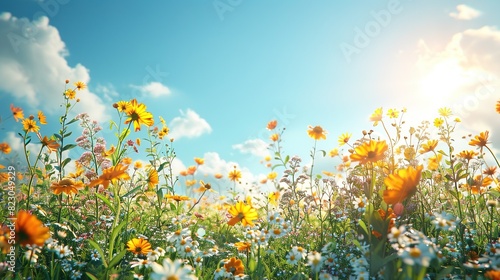 Sun-drenched meadow with wildflowers and a clear blue sky