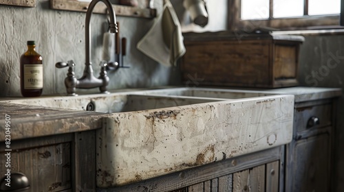 Close-up of a farmhouse sink design in a vintage kitchen  showcasing the large  exposed front panel and deep basin  perfect for a rustic aesthetic