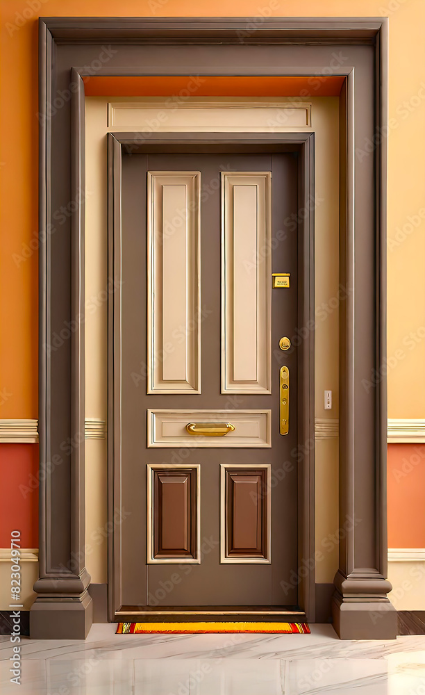 A quality wooden door with a taupe finish and two warm toned moldings for a modern look. Door handle, front door design A quality wooden door with a taupe finish and two warm toned moldings for a modern look. Door handle, front door design