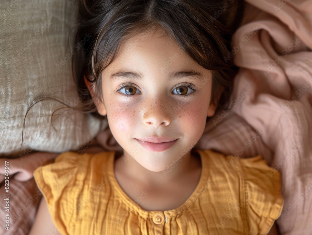 The little girl lay in bed, looking at the camera The little girl lay in bed, looking at the camera