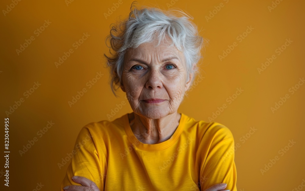 An elderly Caucasian transgender woman smiles while posing for a portrait in a bright yellow shirt An elderly Caucasian transgender woman smiles while posing for a portrait in a bright yellow shirt