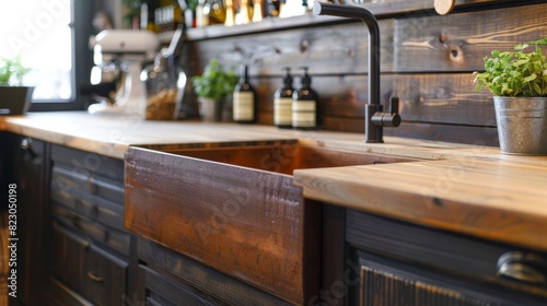 Close-up of a deep apron front sink in a modern kitchen, large exposed panel extending past the countertop, isolated background with studio lighting for a rustic look photo