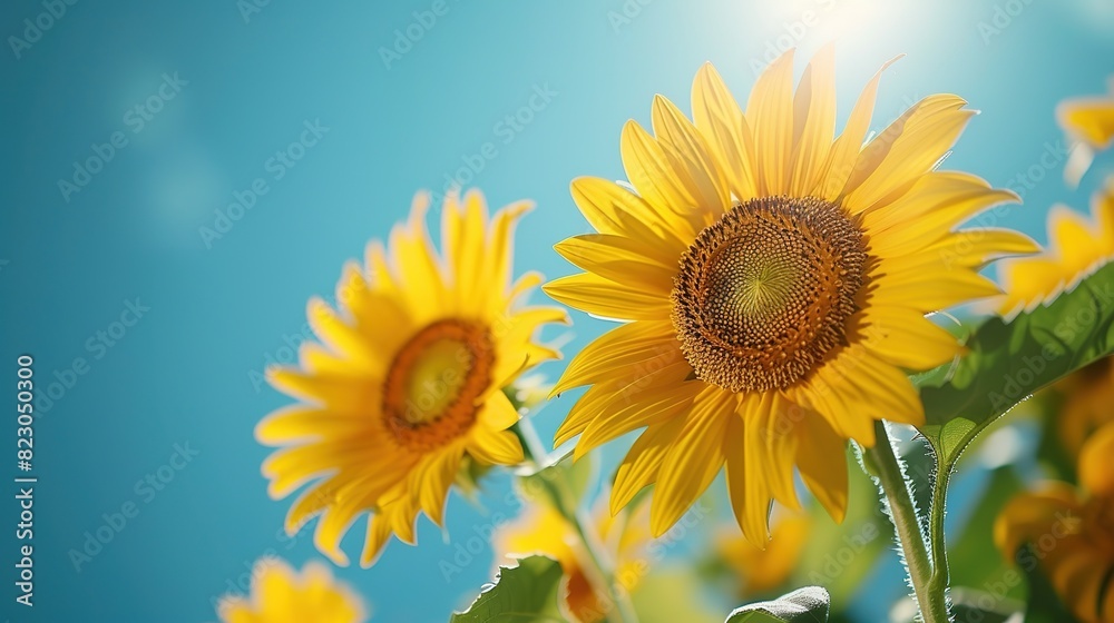 Obraz premium Sunflowers in full bloom against a bright blue sky