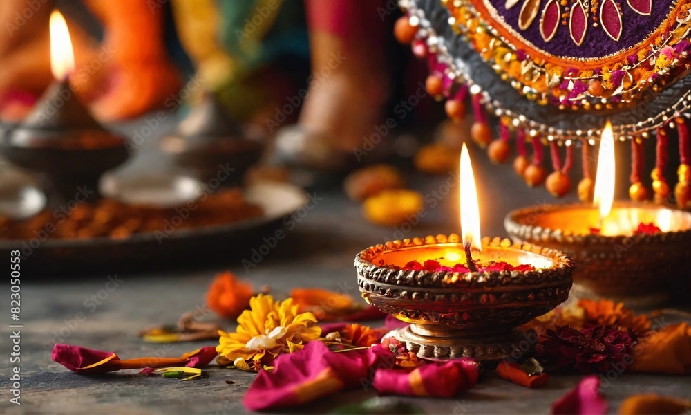 Happy Diwali - Clay Diya lamps lit during Diwali, Hindu festival of lights celebration Happy Diwali - Clay Diya lamps lit during Diwali, Hindu festival of lights celebration