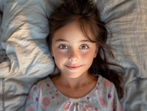 The little girl lay in bed, looking at the camera