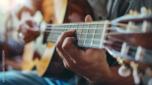 Musician Playing Guitar: A musician strums a guitar, skillfully plucking the strings and creating harmonious melodies that captivate the audience photo