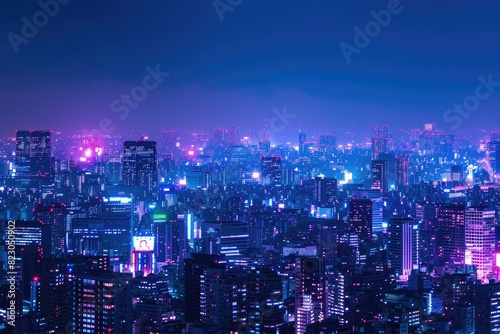 City skyline under neon night with river view  Glowing neon on city skyline with colorful clouds at night
