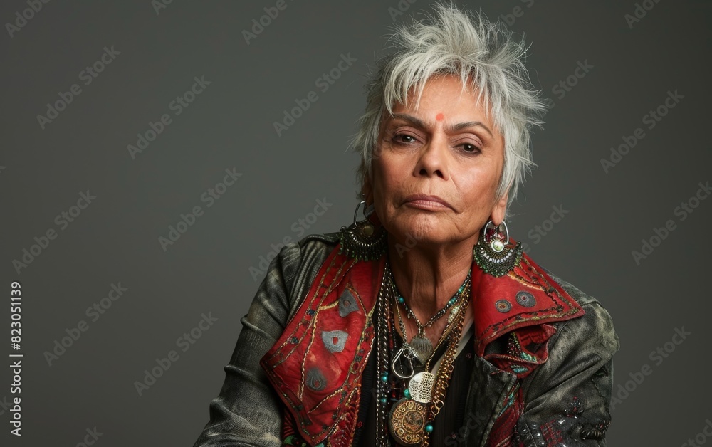 Middle-aged transgender woman of Indian descent with white hair, wearing a leather jacket