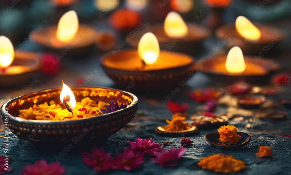 Happy Diwali - Clay Diya lamps lit during Diwali, Hindu festival of lights celebration Happy Diwali - Clay Diya lamps lit during Diwali, Hindu festival of lights celebration