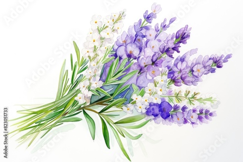 a watercolor bunch of lavender with white wildflowers