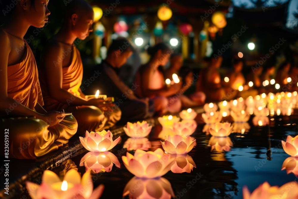 group of monk praying together in front of candles on Vesak Day Celebration group of monk praying together in front of candles on Vesak Day Celebration