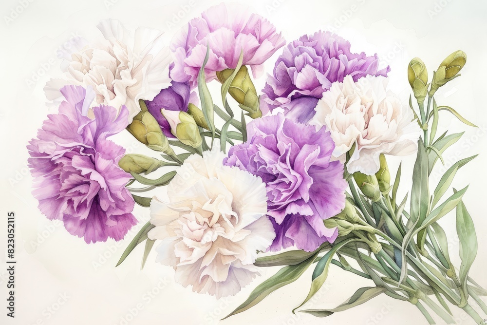 Design a bouquet of lavender and white carnations in watercolor