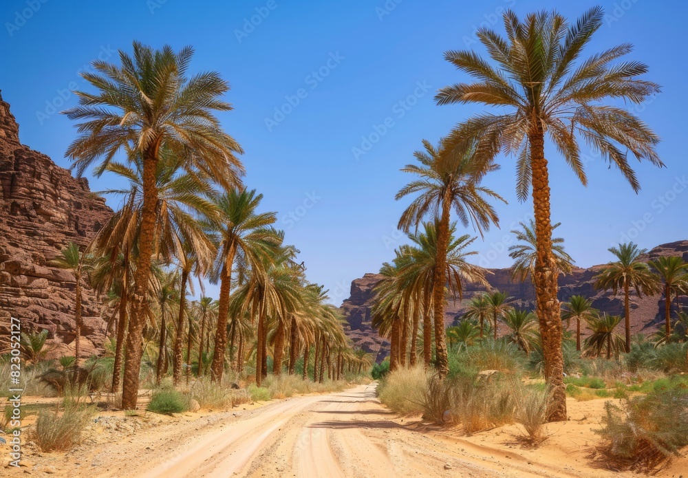 In Alula Oasis, located in Alula, Kingdom of Saudi Arabia, the Heritage Trail features beautiful palm trees. In Alula Oasis, located in Alula, Kingdom of Saudi Arabia, the Heritage Trail features beautiful palm trees.