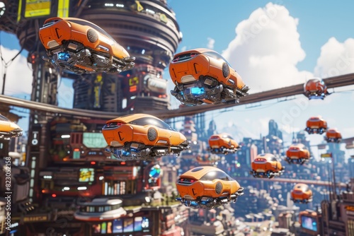 Design a bustling metropolis with flying cars
