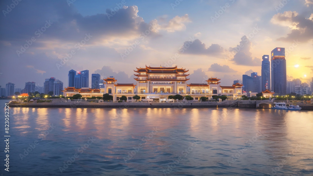 a large, ornate Chinese-style building on the edge of a body of water.