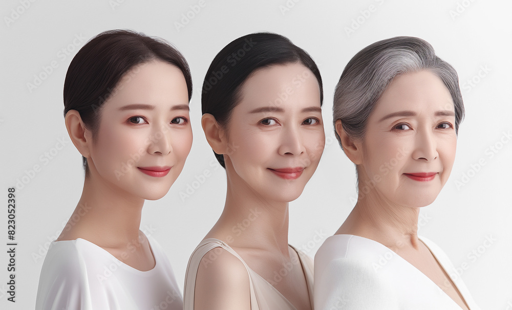 The concept of aging and skin care. Comparison of young and old. Three faces of beautiful Korean women, one in her 30s, one in her 50s, and one in her 70s. Isolated on white background.
The concept of aging and skin care. Comparison of young and old. Three faces of beautiful Korean women, one in her 30s, one in her 50s, and one in her 70s. Isolated on white background.