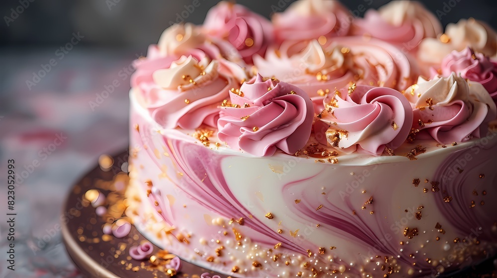 An elegant marble-effect birthday cake with swirls of pastel colors, adorned with edible flowers and delicate gold leaf accents An elegant marble-effect birthday cake with swirls of pastel colors, adorned with edible flowers and delicate gold leaf accents