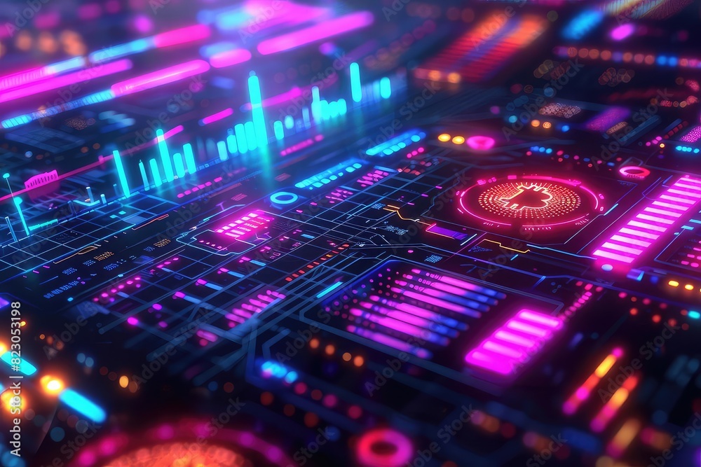 Fototapeta premium Cryptocurrency trading platform, glowing graphs, futuristic design, vibrant colors, high resolution,