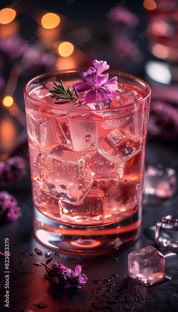 A vibrant pink cocktail with a flower on top, filled with ice cubes sits on a bar counter, illuminated by the warm ambient lights of the bar. A vibrant pink cocktail with a flower on top, filled with ice cubes sits on a bar counter, illuminated by the warm ambient lights of the bar.