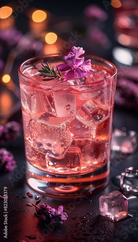 A vibrant pink cocktail with a flower on top, filled with ice cubes sits on a bar counter, illuminated by the warm ambient lights of the bar.