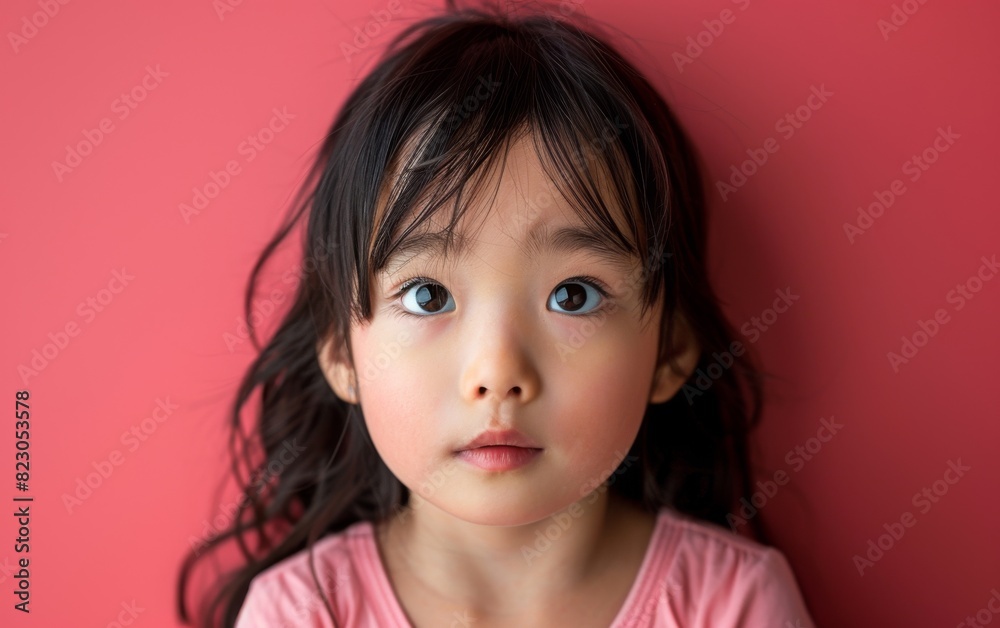 A toddler of Southeast Asian descent wearing a pink shirt and showcasing bright blue eyes A toddler of Southeast Asian descent wearing a pink shirt and showcasing bright blue eyes