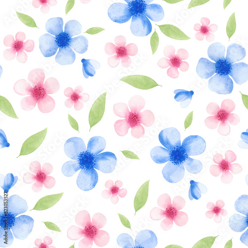 Floral seamless pattern. Beautiful multicolored spring watercolor flowers and leaves on a white background  hand-drawn. Endless pattern template for holiday  fabric  wallpaper  wrapping paper  design