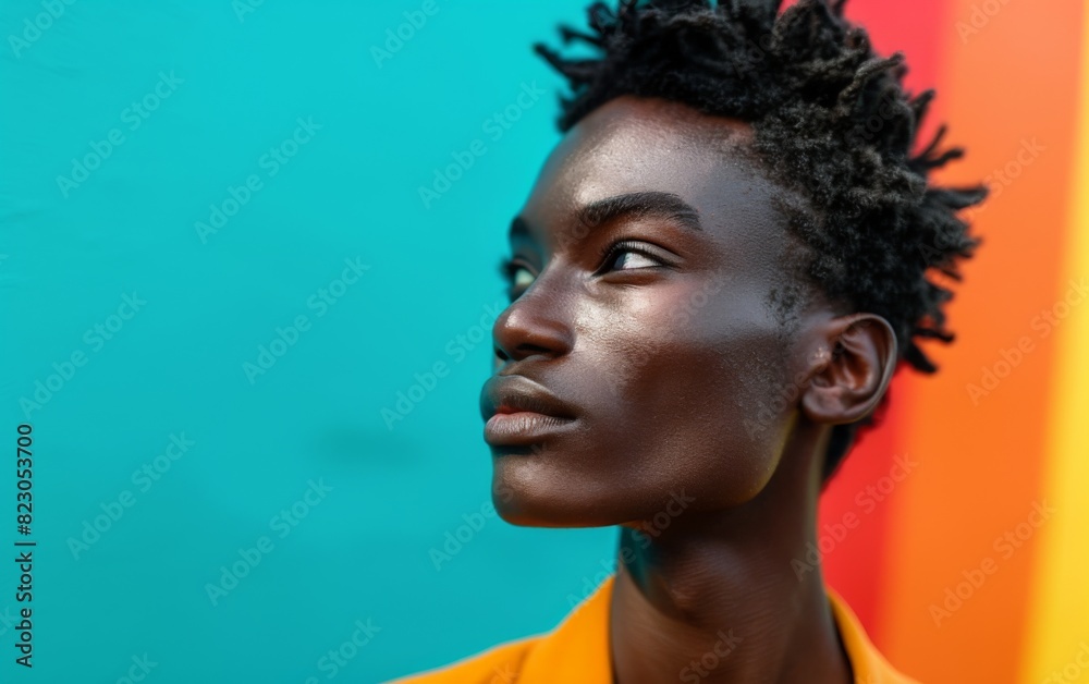 Obraz premium A young adult transgender woman with dreadlocks stands in front of a vibrant and colorful wall