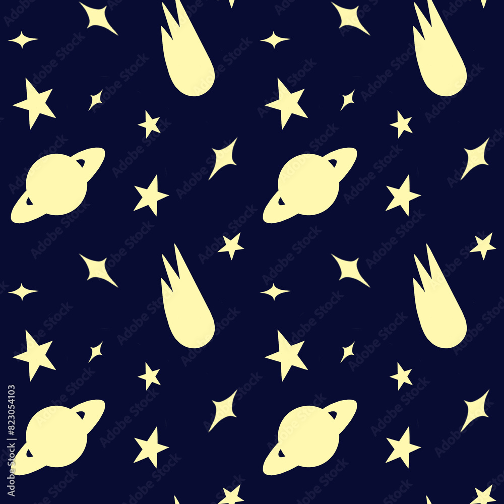Space illustration on a blue background for textiles, interior, website. Seamless monochromatic yellow pattern.