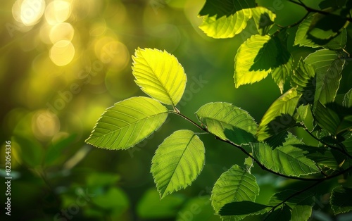 Detailed view of a single green leaf on a tree branch, illuminated by soft morning light